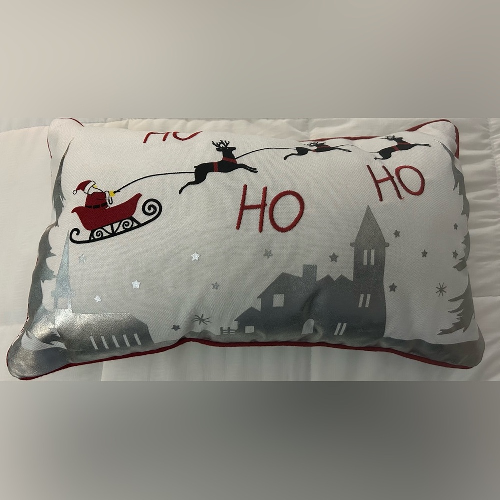 HoHoHo Christmas Pillow•20”x11”•White/Red/Silver/Black